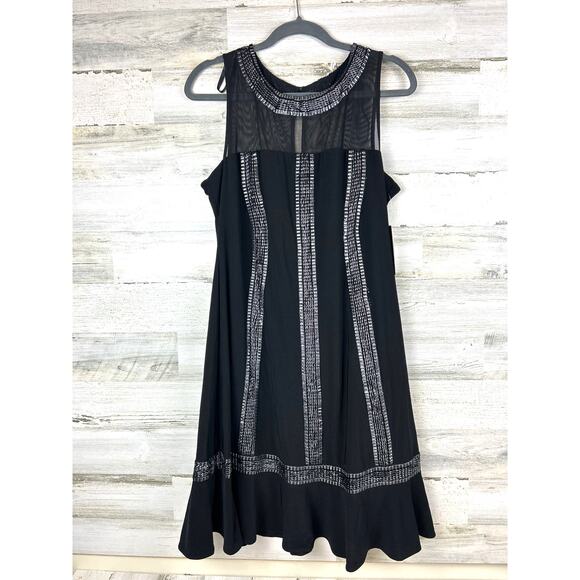 SLNY Women’s 12 Black Silver Sleeveless Midi Shift Cocktail Dress Pullover NEW - Picture 1 of 8